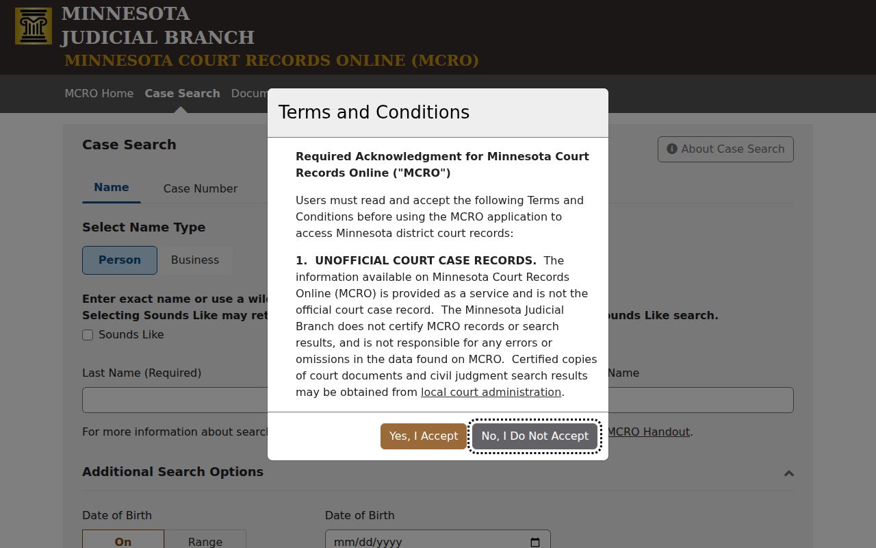 Todd County case lookup MCRO Case Search record controls