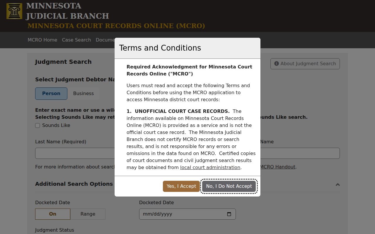 Todd County civil docket MCRO Judgment Search fields
