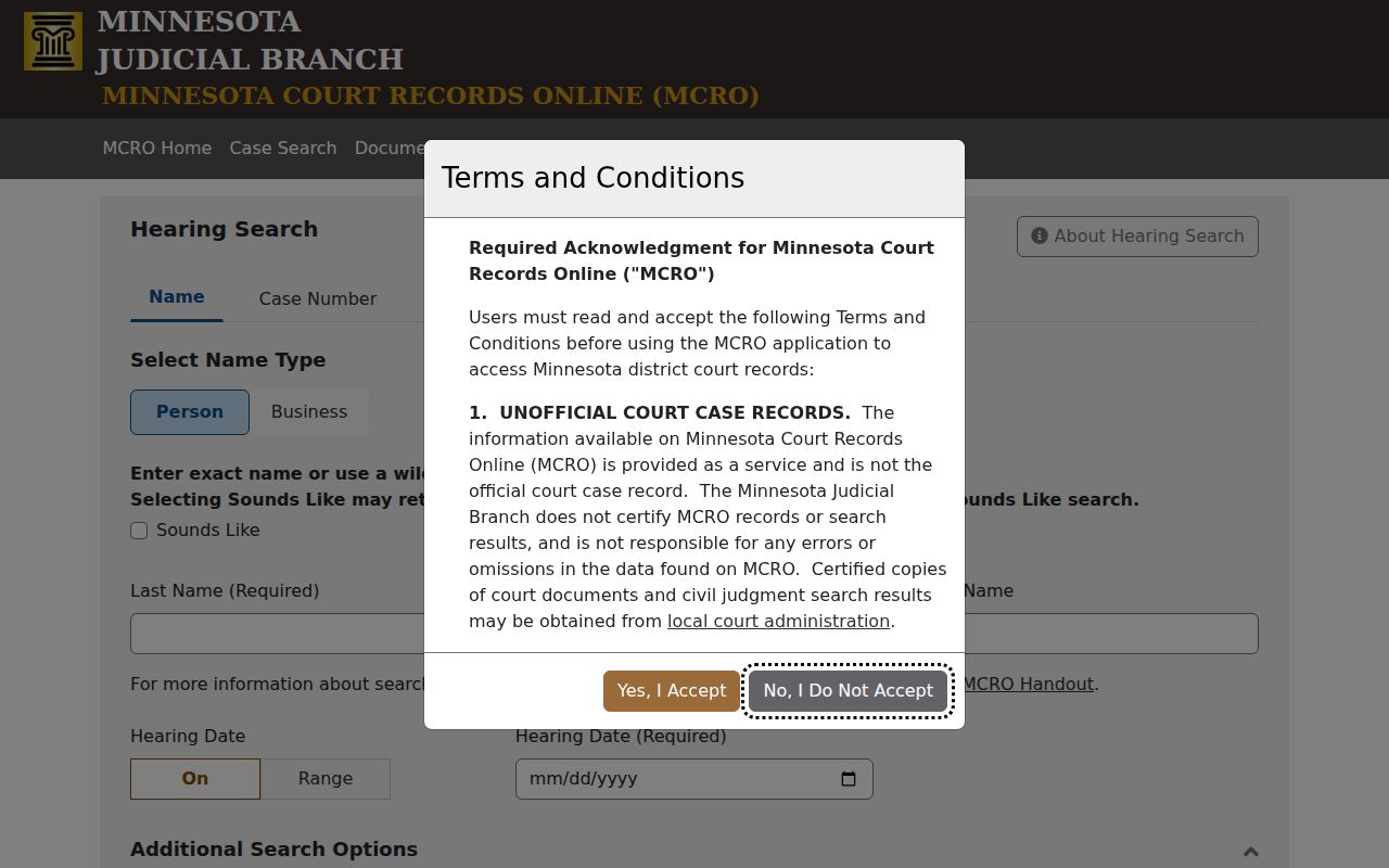Todd County court calendar MCRO Hearing Search record interface