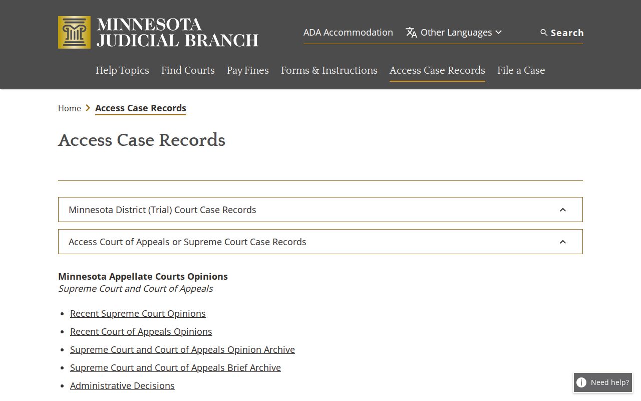 Todd court records access options on Minnesota Judicial Branch record page