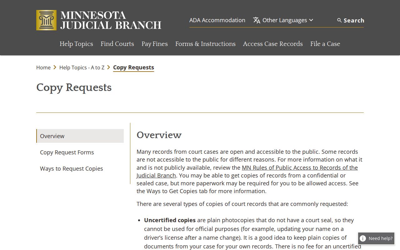 Todd court record copy request guidance for certified and plain copies