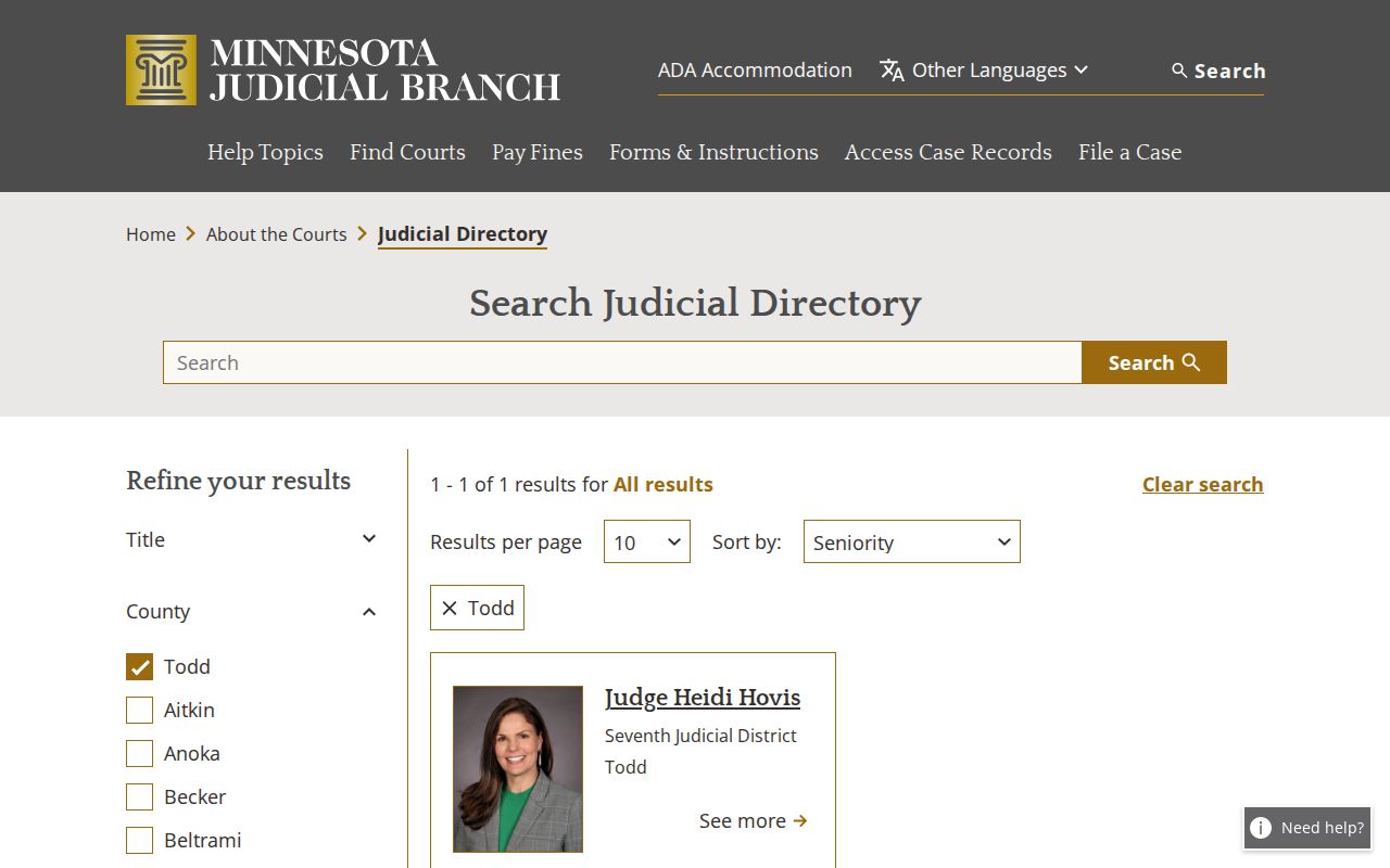 Todd County court docket judicial directory reference