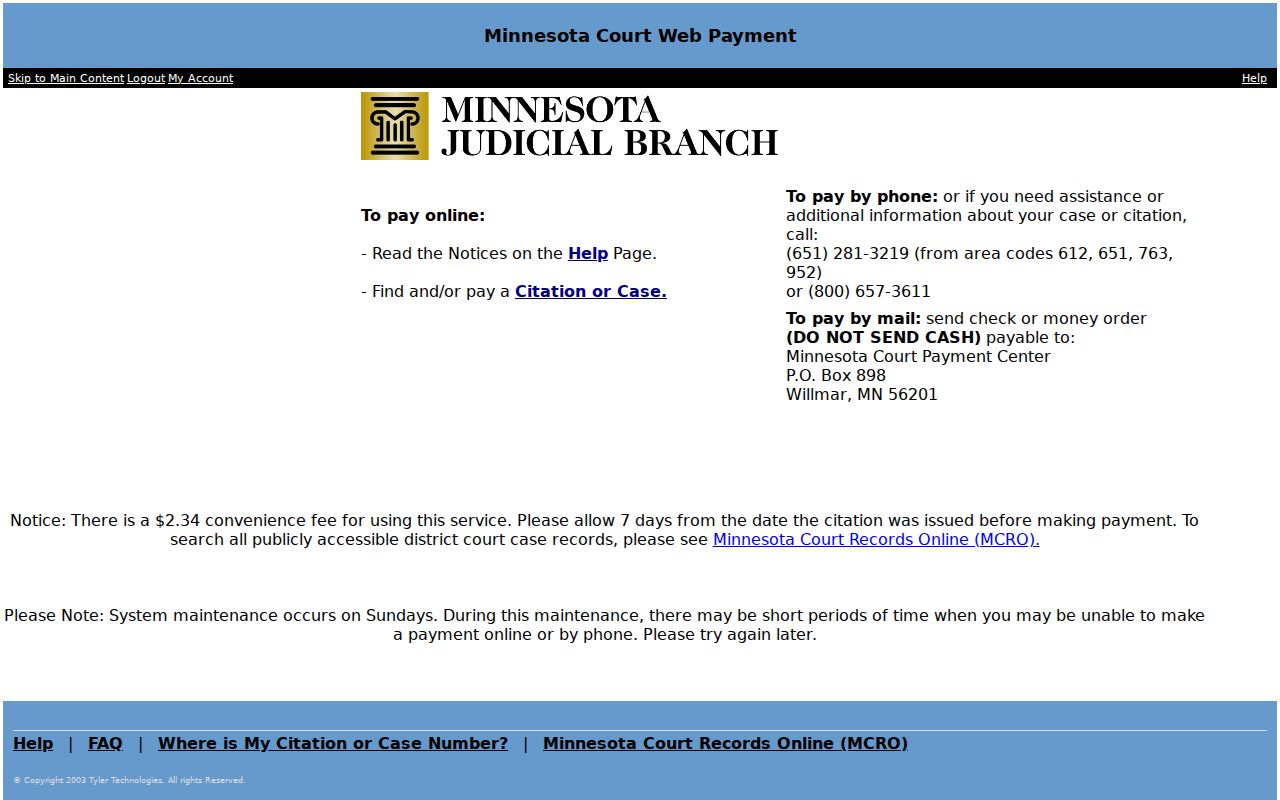 Todd traffic ticket Minnesota Court WebPay access screen